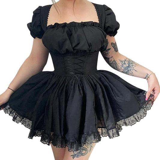 Women'S Gothic Lolita Mini Dresses Vintage Punk Puff Sleeve a Line Swing Short Goth Dress